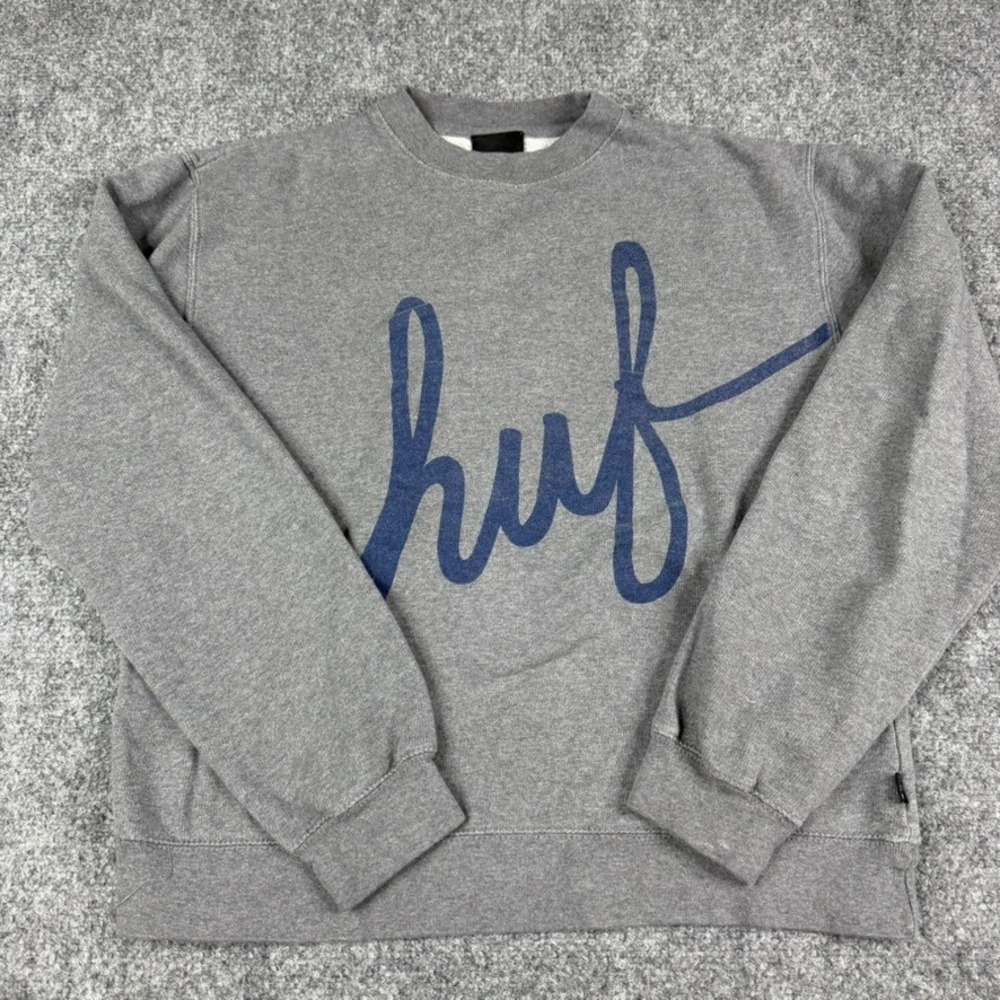 HUF Sweatshirt Womens Small Gray Script Logo Crewneck Pullover Made in USA